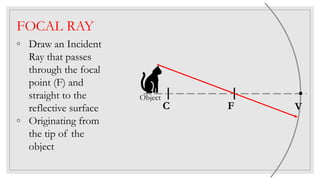FOCAL RAY
◦ Draw an Incident
Ray that passes
through the focal
point (F) and
straight to the
reflective surface
◦ Originating from
the tip of the
object
C F V
Object
 