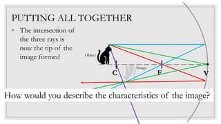 PUTTING ALL TOGETHER
C F V
Object
◦ The intersection of
the three rays is
now the tip of the
image formed
Image
How would you describe the characteristics of the image?
 