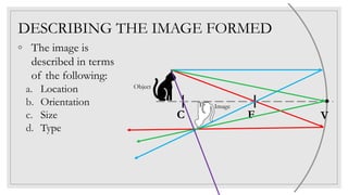DESCRIBING THE IMAGE FORMED
C F V
Object
◦ The image is
described in terms
of the following:
a. Location
b. Orientation
c. Size
d. Type
Image
 