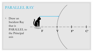 C’F’V
Object
PARALLEL RAY
◦ Draw an
Incident Ray
that is
PARALLEL to
the Principal
axis
F
 