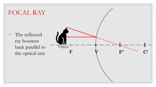 C’F’V
Object
FOCAL RAY
◦ The reflected
ray bounces
back parallel to
the optical axis F
 