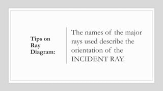 Tips on
Ray
Diagram:
The names of the major
rays used describe the
orientation of the
INCIDENT RAY.
 