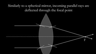 F
Similarly to a spherical mirror, incoming parallel rays are
deflected through the focal point
 