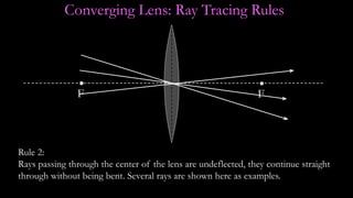 Converging Lens: Ray Tracing Rules
Rule 2:
Rays passing through the center of the lens are undeflected, they continue straight
through without being bent. Several rays are shown here as examples.
FF
 