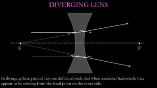 F’F
In diverging lens, parallel rays are deflected such that when extended backwards, they
appear to be coming from the focal point on the other side.
DIVERGING LENS
 