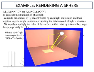 ILLUMINATION OF A SINGLE POINT
To compute the illumination of a point:
• compute the amount of light contributed by each light source and add them
together to get a single number representing the total amount of light it receives.
• We can then multiply the color of the surface at that point by this number, to get
the appropriately lit color.
EXAMPLE: RENDERING A SPHERE
When a ray of light hits a matte object, because its surface is quite irregular at the
microscopic level, it’s reflected back into the scene equally in every direction; hence
“diffuse” reflection.
 