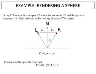 EXAMPLE: RENDERING A SPHERE
A ray L hits a surface at a point P, where the normal is N , and the specular
exponent is s. light reflected to the viewing direction V is cos(α)s
R =LN→ − LP→
Equation for the specular reflection:
R =2N N ,L −L
 