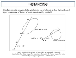 The ray intersection problem in the two spaces are just simple transforms
of each other. The object is specified as a sphere plus matrix M. The ray is specified in the
transformed (world) space by location a and direction b.
If the base object is composed of a set of points, one of which is p, then the transformed
object is composed of that set of points transformed by matrix M
INSTANCING
 