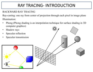 BACKWARD RAY TRACING
Ray-casting: one ray from center of projection through each pixel in image plane
Illumination:
• Phong (Phong shading is an interpolation technique for surface shading in 3D
computer graphics)
• Shadow rays
• Specular reflection
• Specular transmission
RAY TRACING- INTRODUCTION
 