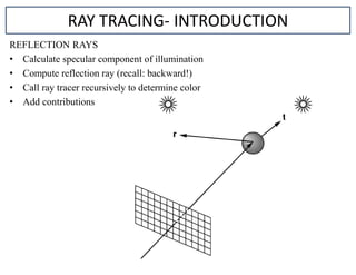 REFLECTION RAYS
• Calculate specular component of illumination
• Compute reflection ray (recall: backward!)
• Call ray tracer recursively to determine color
• Add contributions
RAY TRACING- INTRODUCTION
 