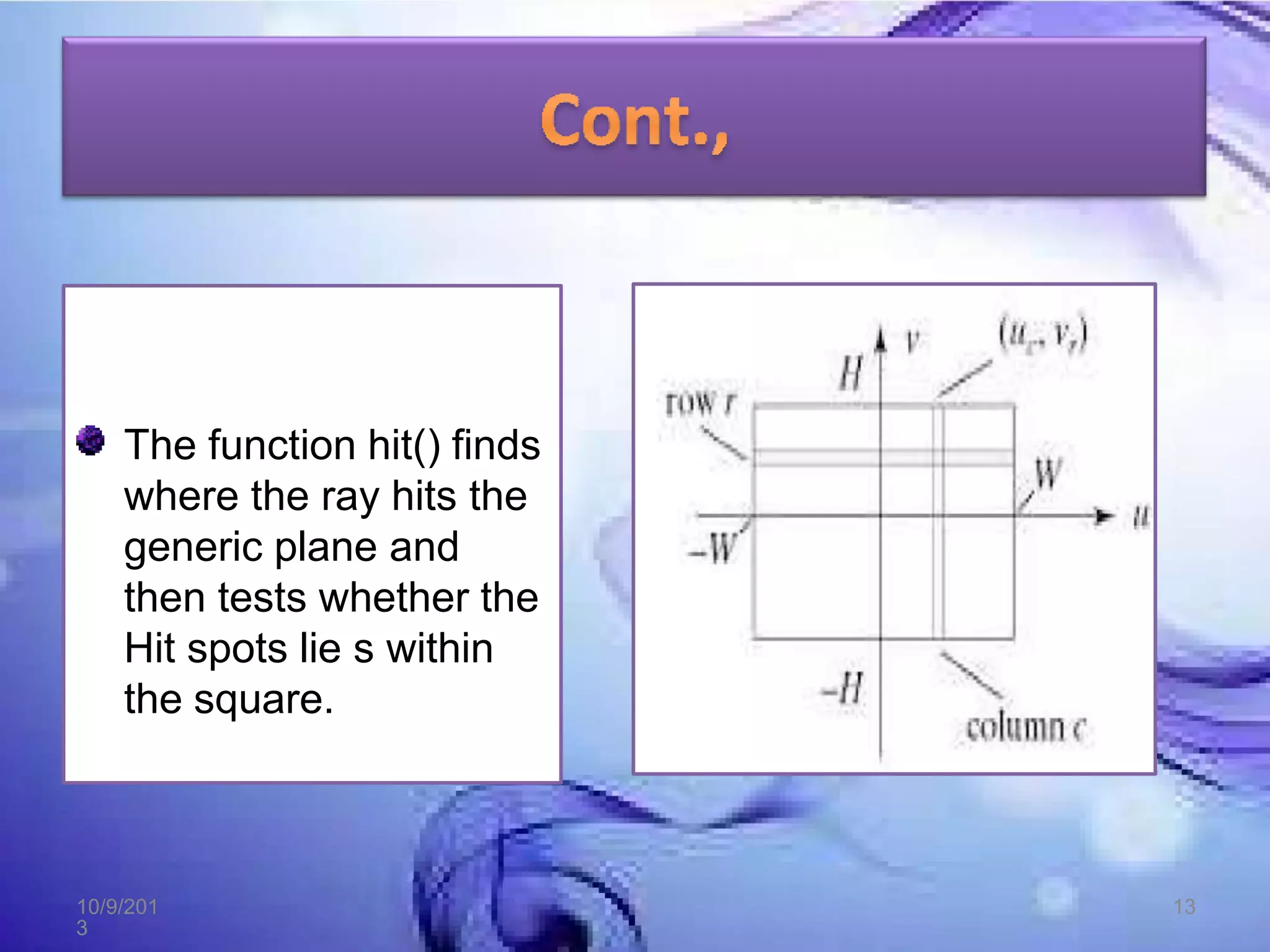 The function hit() finds
where the ray hits the
generic plane and
then tests whether the
Hit spots lie s within
the square.
10/9/201
3
13
 