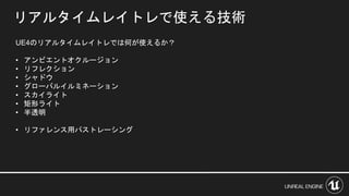 リアルタイムレイトレで使える技術
UE4のリアルタイムレイトレでは何が使えるか？
• アンビエントオクルージョン
• リフレクション
• シャドウ
• グローバルイルミネーション
• スカイライト
• 矩形ライト
• 半透明
• リファレンス用パストレーシング
 