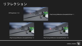 リフレクション
All Roughness = 0.2
r.RayTracing.Reflections.SamplesPerPixel = 1
r.RayTracing.Reflections.SamplesPerPixel = 4 r.RayTracing.Reflections.SamplesPerPixel = 16
 