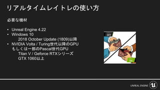 リアルタイムレイトレの使い方
必要な機材
• Unreal Engine 4.22
• Windows 10
2018 October Update (1809)以降
• NVIDIA Volta / Turing世代以降のGPU
もしくは一部のPascal世代GPU
Titan V / Geforce RTXシリーズ
GTX 1060以上
 