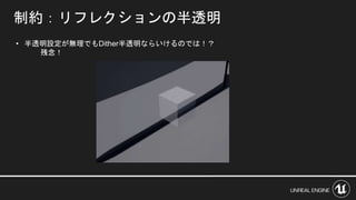 制約：リフレクションの半透明
• 半透明設定が無理でもDither半透明ならいけるのでは！？
残念！
 