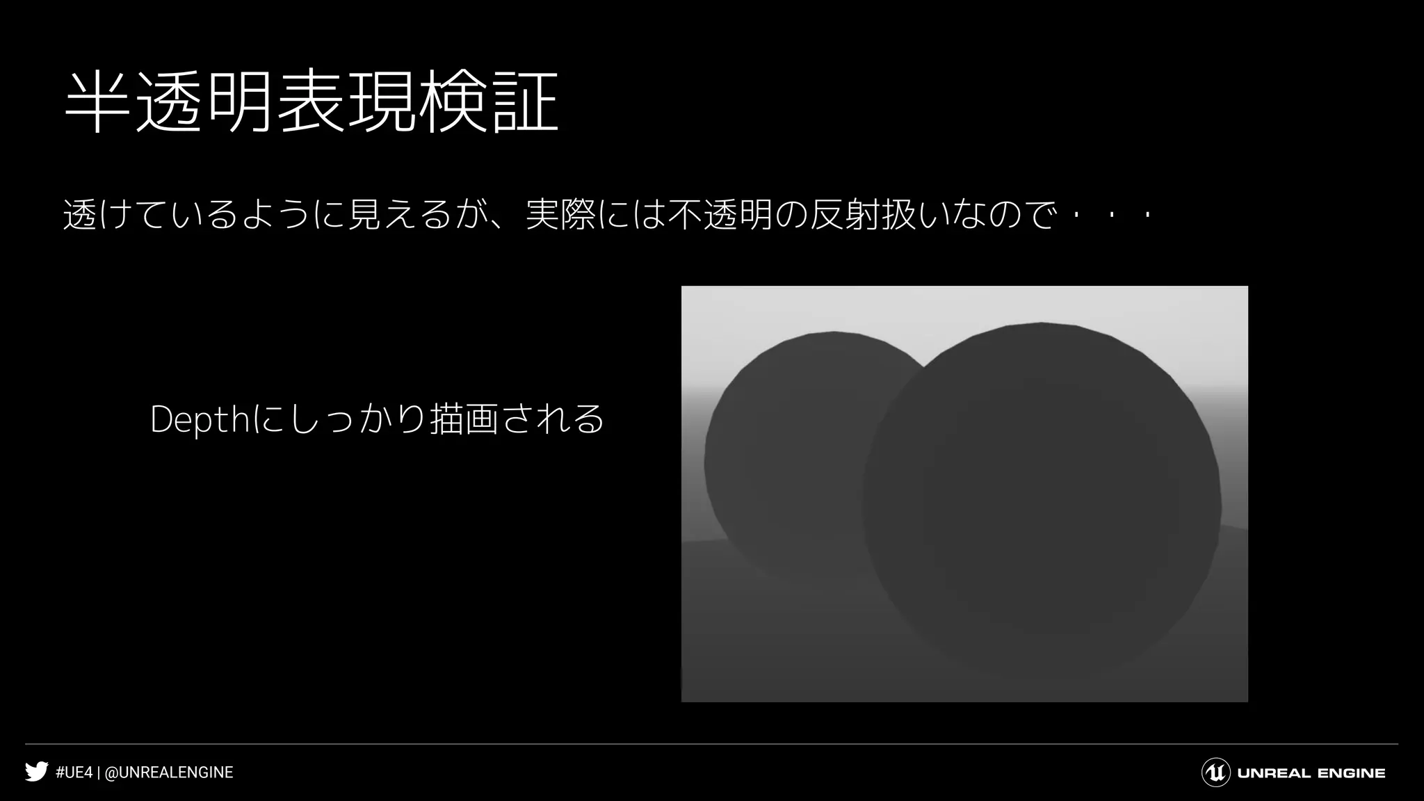 #UE4 | @UNREALENGINE
半透明表現検証
透けているように見えるが、実際には不透明の反射扱いなので・・・
Depthにしっかり描画される
 