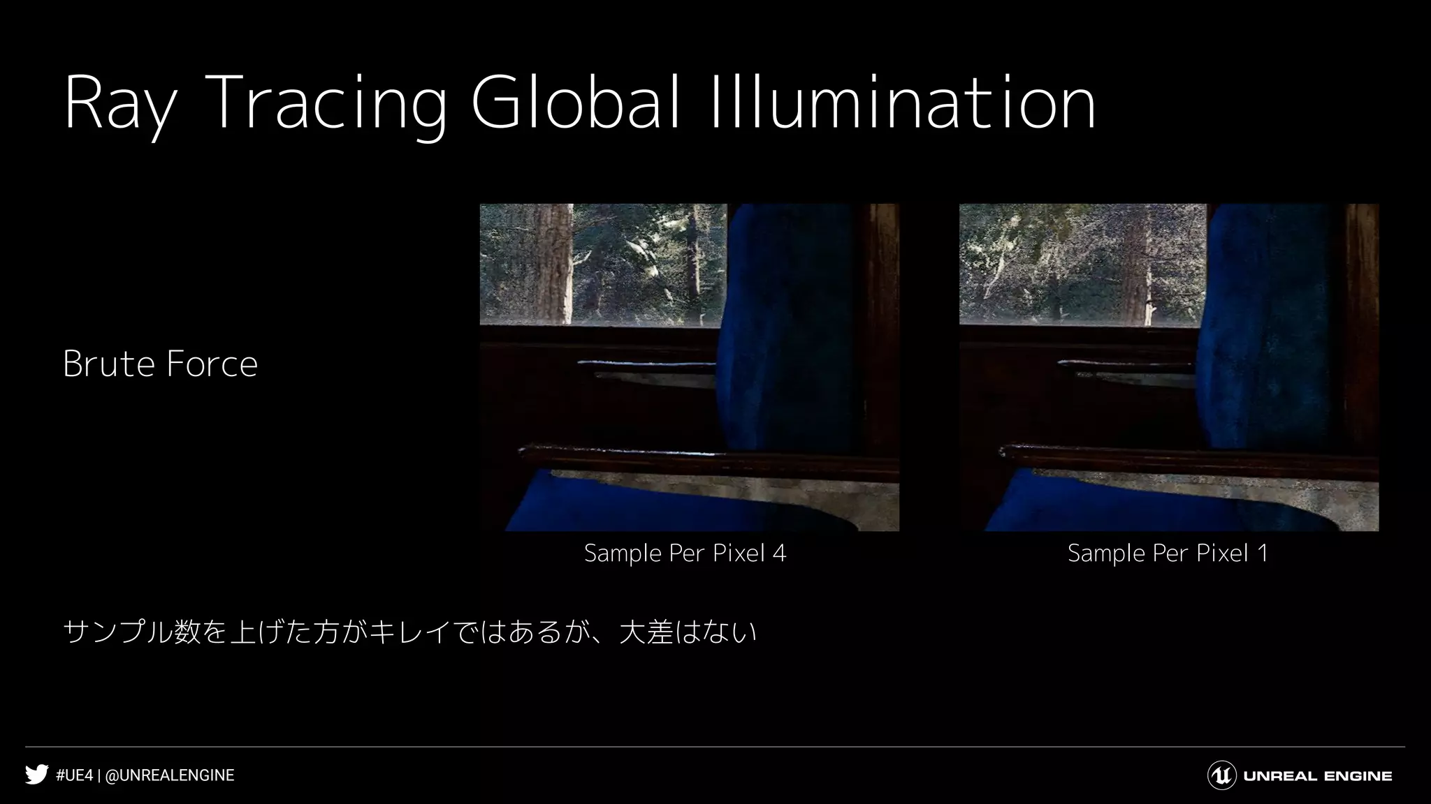 #UE4 | @UNREALENGINE
Ray Tracing Global Illumination
Brute Force
Sample Per Pixel 1Sample Per Pixel 4
サンプル数を上げた方がキレイではあるが、大差はない
 