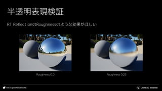 #UE4 | @UNREALENGINE
半透明表現検証
RT ReﬂectionのRoughnessのような効果がほしい
Roughness 0.25Roughness 0.0
 