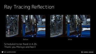 #UE4 | @UNREALENGINE
Ray Tracing Reﬂection
AfterBefore
Scheduled to be ﬁxed in 4.26
Thank you Monsyo and Nori!
 