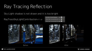 #UE4 | @UNREALENGINE
Ray Tracing Reﬂection
Sky Light shadow is not drawn and it is too bright
RayTraceSkyLightContribution=1 or
AfterBefore
 