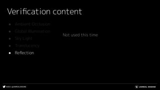 #UE4 | @UNREALENGINE
Veriﬁcation content
● Ambient Occlusion
● Global Illumination
● Sky Light
● Translucency
● Reﬂection
Not used this time
 