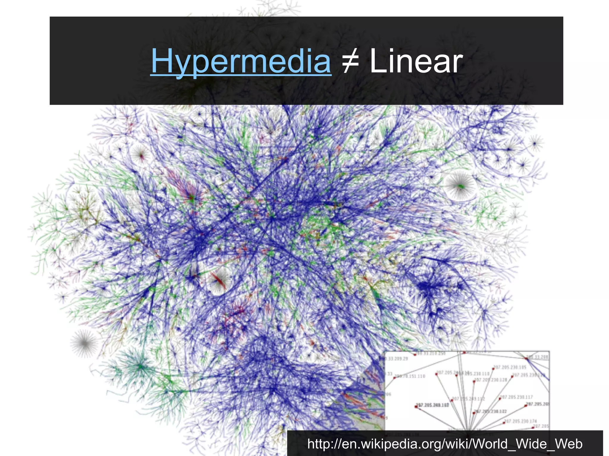 Hypermedia ≠ Linear

http://en.wikipedia.org/wiki/World_Wide_Web

 