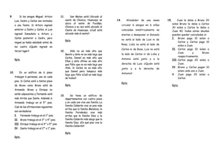 9. Si los amigos Miguel, Arturo
Luis, Isidro y Carlos son invitados
a una fiesta. Si Arturo ingresó
anterior a Isidro y Carlos, si Luis
ingresó Inmediato a Arturo y
Carlos posterior a Isidro, pero
miguel ya había saludado antes de
los cuatro ¿Quién ingresó en
tercer lugar?
Rpta.
10. En un edificio de 6 pisos
trabajan 6 personas, uno en cada
piso. Si Carlos está a tantos pisos
de Bruno como Bruno está de
Armando; Bruno y Enrique no
están adyacentes y Fernando está
más Arriba que Dante. Además si
Armando trabaja en el 5to
piso.
Cual de las afirmaciones siguientes
son verdaderas
I. Fernando trabaja en el 1er
piso.
II. Bruno trabaja en el 3er
o 4to
piso.
III. Enrique trabaja en el 4to
o 5to
piso
IV. Dante trabaja en el 2do
o 1er
piso.
Rpta.
11. San Mateo está Ubicado al
oeste de Chosica, Huancayo se
ubica al oeste de Pucallpa.
Chosica a su vez está ubicado al
Oeste de Huancayo. ¿Cuál está
ubicado más al oeste?
Rpta.
12. Aldo no es más alto que
Benito y éste no es más bajo que
Carlos, Daniel es más alto que
Elías y éste último es más alto
que Félix que no es más bajo que
Aldo. Si Carlos no es más alto
que Daniel pero tampoco más
bajo que Félix ¿Cuál es más bajo
de todos?
Rpta.
13. Se tiene un edificio de
departamentos con cuatro pisos
y en cada uno vive una familia. La
familia Calderón vive un piso más
arriba que la familia Mendoza, la
familia Fernández vive más
arriba que la familia Díaz y la
familia Calderón más abajo que la
familia Díaz. ¿En qué piso vive la
familia Calderón?
Rpta.
14. Alrededor de una mesa
circular 6 amigos en 6 sillas
colocadas simétricamente se
sientan a desayunar si Gonzalo
no está al lado de Luis ni de
Rosa, Lidia no está al lado de
Carlos ni de Rosa, Luis no está
la lado de Carlos ni de Lidia y
Antonio está junto y a la
derecha de Luis. ¿Quién está
junto y a la derecha de
Antonio?
Rpta.
15. Juan le debe a Bruno 20
soles Bruno le debe a Carlos
30 soles y Carlos le debe a
Juan 40. todas estas deudas
pueden quedar canceladas si:
I. Bruno paga 10 soles a
Carlos y Carlos paga 10
soles a Juan.
II. Carlos paga 10 soles a
Juan y Bruno
respectivamente.
III.Carlos paga 20 soles a
Juan.
IV. Bruno y Carlos pagan 10
soles cada uno a Juan.
V. Juan paga 20 soles a
Carlos.
Rpta.
 