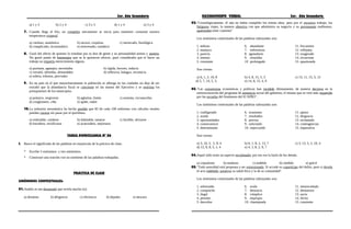 3er. Año Secundaria RAZONAMIENTO VERBAL 3er. Año Secundaria
a) 1 y 5 b) 2 y 4 c) 3 y 5 d) 1 y 4 e) 3 y 4
7. Cuando llega el frío, un complejo mecanismo se inicia para mantener constaste nuestra
temperatura corporal.
a) confuso, anatómica b) oscuro, corpórea c) intrincado, fisiológica
d) complicado, sicosomática e) enrevesado, somática
8. Gozó del afecto de quienes lo trataban por su don de gente y su personalidad serena y austera.
No gustó jamás de homenajes que se le quisieron ofrecer, pues consideraba que el hacer un
trabajo no requería merecimiento alguno.
a) puritana, agasajos, necesitaba b) rígida, favores, inducia
c) versátil, ofrendas, demandaba d) reflexiva, halagos, reconocia
e) sobria, tributos, precisaba
9. En un país en el que mayoritariamente la población se alberga en las ciudades no deja de ser
extraño que la abundancia fiscal se concentre en las manos del Ejecutivo y se restrinia los
presupuestos de los municipios.
a) polarice, tergiverse b) aglutine, limite c) resienta, circunscriba
d) conglomere, ciña e) apiñe, rodee
10.La industria aeronáutica ha hecho posible que 85 de cada 100 enfermos con cálculos renales
puedan curarse sin pasar por el quirófano.
a) realizable, cuidarse b) dubitable, sanarse c) factible, aliviarse
d) hacedero, rectificarse e) acaecedero, mejorarse.
TAREA DOMICILIARIA Nº 06
I. Busca el significado de las palabras en mayúscula de la práctica de clase.
* Escribe 3 sinónimos y tres antónimos.
* Construye una oración con un sinónimo de las palabras trabajadas.
PRÁCTICA DE CLASE
SINÓNIMOS CONTEXTUALES:
01.Andrés es tan desaseado que revela mucha (o):
a) desatino b) diligencia c) eficiencia d) dejadez e) descaro
02."Cronológicamente, él aún no había cumplido los treinta años, pero por el excesivo trabajo, los
fatigosos viajes, la manera obsesiva con que administra su negocio y su permanente malhumor,
aparentaba tener cuarenta"
Los sinónimos contextuales de las palabras subrayadas son:
1. tedioso 6. abundante 11. frecuentes
2. maniaca 7. enfermizos 12. reflejaba
3. parecía 8. agotadores 13. exagerado
4. intenso 9. simulaba 14. recurrente
5. constante 10 prolongado 15. apasionada
Son ciertas:
a) 6, 1, 2, 10, 8 b) 4, 8, 15, 5, 3 c) 13, 11, 15, 5, 12
d) 5, 7, 14, 5, 3, e) 14, 8, 15, 4, 9
03."Las coyuntruras económicas y políticas han incidido últimamente, de manera decisiva en la
reestructuración del programa de asistencia social del gobierno, el mismo que se verá más requerido
por las secuelas del fenómeno del El NIÑO".
Los sinónimos contextuales de las palabras subrayadas son:
1. configurado 6. ocasiones 11. apoyo
2. ayuda 7. resultados 12. desgracia
3. oportunidades 8. precisa 13. reclamado
4. consecuencia 9. solicitado 14. contingencias
5. determinante 10. repercutido 15. imperativa
Son ciertas:
a) 3, 10, 5, 2, 9, 4 b) 6, 1, 8, 2, 13, 7 c) 3, 13, 5, 2, 10, 4
d) 12, 9, 8, 5, 1, 4 e) 4, 1, 8, 2, 9, 7
04.Aquel niño tenía un aspecto escolimado; por eso era la burla de los demás.
a) corpulento b) modesto c) endeble d) cándido e) grácil
05."Toda autoridad está propensa a ser extorsionada. Si accede es copartícipe del delito, pero si devela
el acto indebido, preserva su salud ética y la de su comunidad".
Los sinónimos contextuales de las palabras subrayadas son:
1. sobornada 6. avala 11. menoscabada
2. compinche 7. denuncia 12. demuestra
3. ilegal 8. cómplice 13. socio
4. permite 9. impropio 14. ilícito
5. descubre 10. chantajeada 15. consiente
 