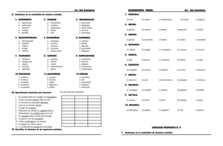 3er. Año Secundaria RAZONAMIENTO VERBAL 3er. Año Secundaria
II. Sinónimos en su modalidad de término excluido.
1. DETRIMENTO 2. FUGARSE 3. DESARROLLAR
a. menoscabo a. escabullirse a. acrecentar
b. quebrando b. evadirse b. desplegar
c. perjuicio c. parapetarse c. perfeccionar
d. ventaja d. afufar d. ejecutar
e. pérdida e. huir e. enmarañar
4. DESAFORTUNADO 5. ESCUDRIÑAR 6. PACHORRA
a. desventurado a. examinar a. cachaza
b. infausto b. encubrir b. flemas
c. caduco c. avizorar c. dilación
d. aciago d. huronear d. morosidad
e. nefasto e. inspeccionar e. diligencia
7. VILIPENDIO 8. SOPORTE 9. COMPADECERSE
a. violencia a. sustento a. condolerse
b. denigración b. aliento b. mofarse
c. injuria c. sostén c. deplorar
d. escarnio d. sometimiento d. contristarse
e. apóstrofe e. apoyo e. compungirse
10.CERCIORAR 11.AGLOMERAR 12.CLÉRIGO
a. certificar a. acopiar a. sacerdote
b. verificar b. hacinar b. pío
c. revalidad c. apilar c. eclesiástico
d. acordonar d. agnóstico d. religioso
e. corroborar e. apiñar e. tonsurado
III. Aprendiendo sinónimos por contexto:
1. Su nombramiento fue acogido con beneplácito.
2. Existe una gran tirantez entre los dos.
3. Le hicieron un homenaje póstumo.
4. Juan era un escritor lúcido.
5. El pago fue irrisorio.
6. Realmente ese tribunal no impartía justicia.
7. Demandaron una satisfacción en el acto.
8. Se corroboró todo lo dicho por el testigo.
9. La guerra civil fue incruenta.
10. Todos vociferaban el al unísono.
11. Se alistó en la fuerza aérea.
12. La revolución fue secuela de la dictadura.
IV. Identifica el sinónimo de las siguientes palabras.
1. FUNÍCULO:
a) fruto b) cuerda c) membranoso d) sonido e) páginas
2. GÉLIDO:
a) goloso b) espacio c) helado d) gaseoso e) sólido
3. GIBOSO:
a) goloso b) expresión c) burlón d) coloso e) jorobado
4. GLOSARIO:
a) célebre b) insigne c) vocabulario d) corsario e) viscoso
5. GABELA:
a) ágil b) gaceta c) contribuir d) tributo e) carga
6. GARBOSO:
a) estupidez b) ansioso c) gallardo d) tacaño e) deseoso
7. GRÁCIL:
a) atractivo b) sutil c) benevolencia d) antipatía e) chistoso
8. GRAGEAS:
a) conseguir b) cereales c) matizar d) gárgaras e)confites
9. GAYOLA:
a) vistoso b) cárcel c) triste d) lamento e) nasal
10. GOLLERÍA:
a) delicadeza b) argolla c) tragadero d) cuel e) goloso
EJERCICIOS PROPUESTO N° 8
I. Sinónimos en su modalidad de términos excluido.
Escribe aquí tres sinónimos:
 