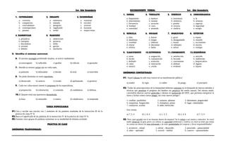 3er. Año Secundaria RAZONAMIENTO VERBAL 3er. Año Secundaria
1. COTERRÁNEO 2. ERRANTE 3. ESCUDRIÑAR
a. convenio a. sedentario a. examinar
b. compatriota b. nómada b. encubrir
c. conciudadano c. peregrino c. avizorar
d. contemporáneo d. vagabundo d. huronear
e. paisano e. errátil e. inspeccionar
4. DAMNIFICAR 5. MANCEBO
a. perjudicar a. adolescente
b. estropear b. proyecto
c. descalabrar c. efebo
d. arruinar d. garzón
e. debelar e. muchacho
II. Identifica el sinónimo contextual.
6. El anciano rezongón profiriendo insultos, se acercó raudamente.
a) extravagante b) inflexible c) gruñón d) ridículo e) gazmoño
7. Heredó un terreno yerino que no valía nada.
a) pobretón b) deleznable c) heredo d) erial e) inservible
8. No podía disimular su rostro macilento.
a) demacrado b) senecto c) cerudo d) apelmazado e) grisáceo
9. Cada vez cobra mayor interés la propuesta de los especialistas.
a) proposición b) exhortación c) comisión d) candidatura e) defensa
10.El Quijote tenía una apariencia desmedrada.
a) ilusa b) miserable c) enteca d) caballeresca e) enajenada
TAREA DOMICILIARIA
01.Crea y escribe una oración con 1 sinónimo de las palabras resaltadas de la instrucción III de la
práctica de clase N° 8.
02.Busca el significado de las palabras de la instrucción IV de la práctica de clase N° 8.
03.Formula cinco grupos de palabras sinónimas en su modalidad de término excluido.
PRÁCTICA DE CLASE
SINÓNIMOS TRADICIONALES:
1. SORNA 2. TURULATO 3. VERÍDICO 4. CONCORDANCIA
a. fingimiento a. mestizo a. testimonio a. fe
b. aburrimiento b. tunante b. sentencia b. armonía
c. frecuencia c. socarrón c. prueba c. regocijo
d. frialdad d. cursi d. victoria d. seguridad
e. sonoridad e. atontado e. vindicta e. arreglo
5. RENCILLA 6. HOLGAR 7. INGRÁVIDO 8. ESTERTOR
a. falta a. honrar a. grave a. esputo
b. blasfemia b. bregar b. desagradable b. resuelto
c. crueldad c. elaborar c. innato c. excremento
d. rencor d. descansar d. inhóspito d. escoria
e. trifulca e. bailar e. etéreo e. vestigio
9. CLARIVIDENTE 10.ESTIPENDIO 11.CONGRUENTE 12.DESDEÑOSO
a. veraz a. asignación a. satisfacción a. atrevido
b. lúcido b. consumición b. fecundo b. indiferente
c. definido c. extinción c. conveniente c. despreciativo
d. cabal d. innovación d. diáfano d. ingrato
e. místico e. cesión e. evidente e. injusto
SINÓNIMOS CONTEXTUALES:
01."Aquel tribuno ha sido muy exacto en su manifestación pública".
a) orador b) vigía c) cadete d) pongo e) preceptor
02."Todas las preocupaciones de la humanidad deberían centrarse en la búsqueda de nuevos métodos y
técnicas que permitan el progreso del hombre sin perjuicio del medio natural. Del mismo modo,
convendría fabricar nuevos pesticidas y abonos en sustitución del DDT, que permitan enriquecer la
tierra y luchar contra ciertas plagas, sin crear nuevos peligro".
1. confluir, posibiliten 2. sumarse, admitan 3. detrimento, plaguicidad
4. resquemor, funguicidas 5. reemplazo, pestes 6. lugar, calamidades
7. coadyuvar, acudan 8. daño, herbicidas
Son ciertas:
a) 7, 3, 4 b) 1, 8, 6 c) 1, 3, 5 d) 2, 4, 6 e) 7, 5, 4
03."Pero ¿qué sucedió con el ser humano dentro de empresa? Se lo redujo a sus manos y músculos. Se creyó
poder renunciar en gran parte a su cabeza, su capacidad intelectual y creativa; se creyó no tener que tomar
en cuenta sus deseos de estar informado y de tener posibilidades de cooperar y llevar responsabilidades".
1. aconteció – rebajó 2. obviar – desarrollo 3. prescindir – potencialidad
4. saber – aptitudes 5. ocurrió – inhibió 6. conocer – oportunidades
 