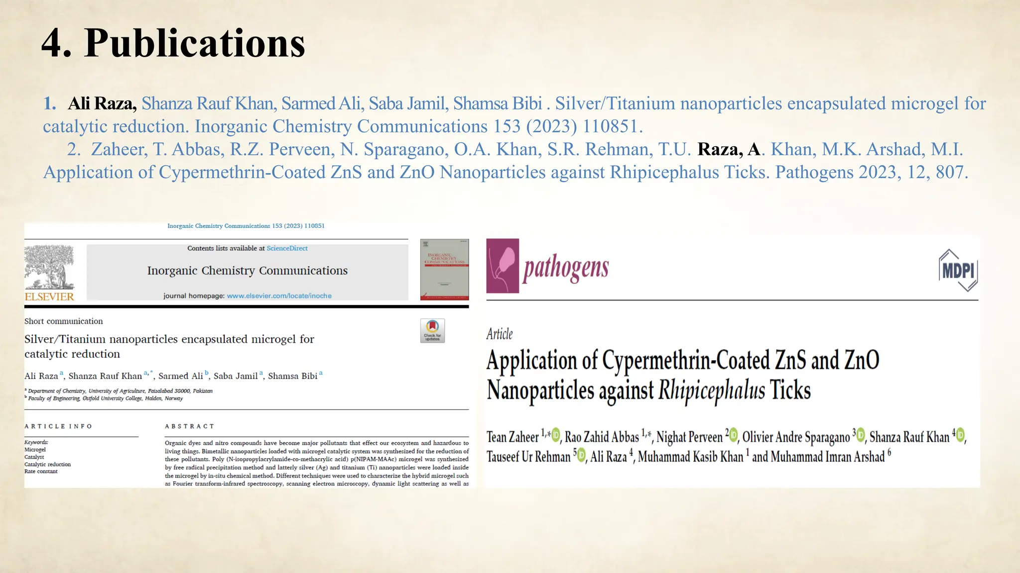 1. Ali Raza, Shanza Rauf Khan, SarmedAli, Saba Jamil, Shamsa Bibi . Silver/Titanium nanoparticles encapsulated microgel for
catalytic reduction. Inorganic Chemistry Communications 153 (2023) 110851.
2. Zaheer, T. Abbas, R.Z. Perveen, N. Sparagano, O.A. Khan, S.R. Rehman, T.U. Raza, A. Khan, M.K. Arshad, M.I.
Application of Cypermethrin-Coated ZnS and ZnO Nanoparticles against Rhipicephalus Ticks. Pathogens 2023, 12, 807.
4. Publications
 