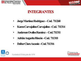 INTEGRANTES
• JorgeMartínezRodríguez - Cod. 711268
• KarenCarvajalinoCarvajalino -Cod. 711314
• AndersonOvallosRamírez - Cod.711311
• AdriánAngaritaRincón -Cod. 711310
• DeiberClaroAscanio -Cod.711316
 