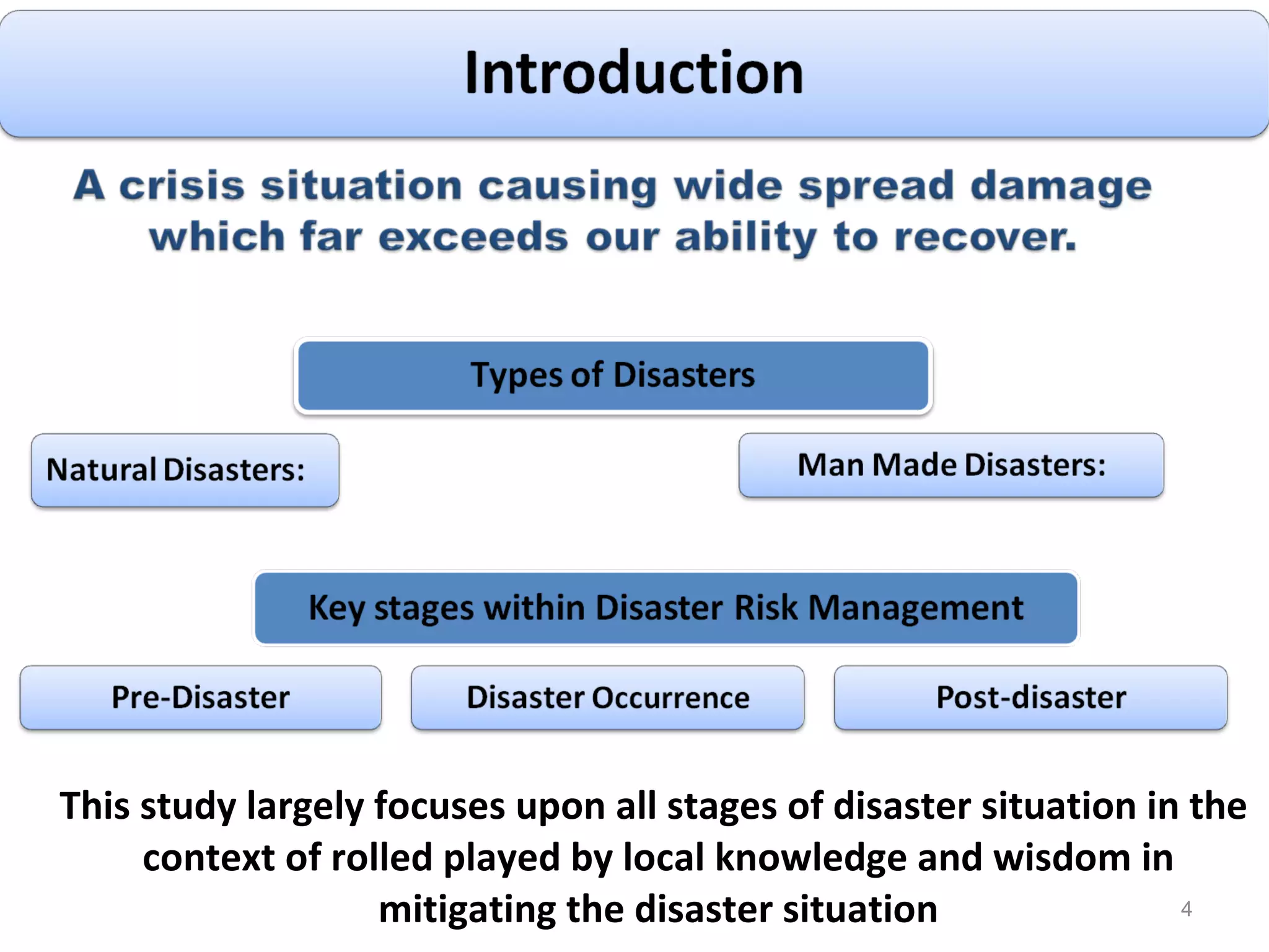 This study largely focuses upon all stages of disaster situation in the context of rolled played by local knowledge and wisdom in mitigating the disaster situation 