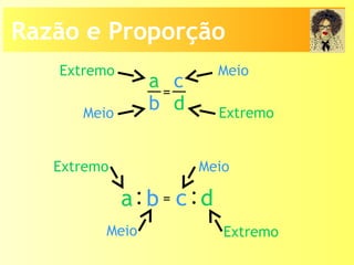 Meio
Extremo
a
b
c
d
=
Extremo
Meio
:a b :c d=
Extremo
Extremo Meio
Meio
Razão e Proporção
 