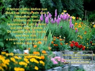 O tempo é uma dádiva queO tempo é uma dádiva que
Deus nos oferece sem que oDeus nos oferece sem que o
possamos reter.possamos reter.
Utilizá-lo de formaUtilizá-lo de forma
responsável e útil é deverresponsável e útil é dever
que nos cabe a todos.que nos cabe a todos.
Dê sentido às suas horas,Dê sentido às suas horas,
aos seus dias,aos seus dias,
e assim, por conseqüência,e assim, por conseqüência,
a toda a sua vida.a toda a sua vida.
www.otimismoemrede.comwww.otimismoemrede.com
Música:Música:
André Gagnon - Déjà septembreAndré Gagnon - Déjà septembre
Montagem;Montagem;
maricarusocunha@terra.com.brmaricarusocunha@terra.com.br
www.pranos.com.brwww.pranos.com.br
 