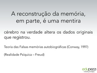 A reconstrução da memória,
em parte, é uma mentira
cérebro na verdade altera os dados originais
que registrou.
Teoria das Falsas memórias autobiográficas (Conway, 1997)
(Realidade Psíquica – Freud)
 