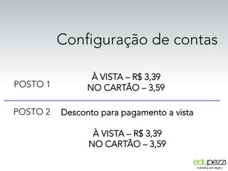 Configuração de contas
À VISTA – R$ 3,39
NO CARTÃO – 3,59POSTO 1
POSTO 2 Desconto para pagamento a vista
À VISTA – R$ 3,39
NO CARTÃO – 3,59
 