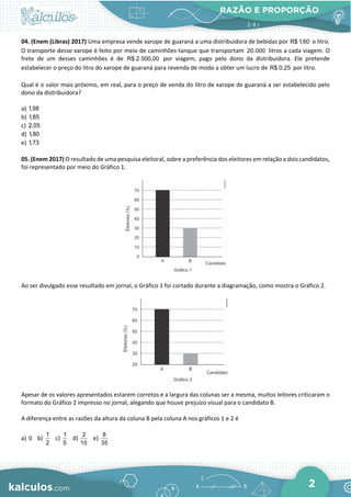 RAZÃO E PROPORÇÃO
2
04. (Enem (Libras) 2017) Uma empresa vende xarope de guaraná a uma distribuidora de bebidas por R$ 1,60 o litro.
O transporte desse xarope é feito por meio de caminhões-tanque que transportam 20.000 litros a cada viagem. O
frete de um desses caminhões é de R$ 2.500,00 por viagem, pago pelo dono da distribuidora. Ele pretende
estabelecer o preço do litro do xarope de guaraná para revenda de modo a obter um lucro de R$ 0,25 por litro.
Qual é o valor mais próximo, em real, para o preço de venda do litro de xarope de guaraná a ser estabelecido pelo
dono da distribuidora?
a) 1,98
b) 1,85
c) 2,05
d) 1,80
e) 1,73
05. (Enem 2017) O resultado de uma pesquisa eleitoral, sobre a preferência dos eleitores em relação a dois candidatos,
foi representado por meio do Gráfico 1.
Ao ser divulgado esse resultado em jornal, o Gráfico 1 foi cortado durante a diagramação, como mostra o Gráfico 2.
Apesar de os valores apresentados estarem corretos e a largura das colunas ser a mesma, muitos leitores criticaram o
formato do Gráfico 2 impresso no jornal, alegando que houve prejuízo visual para o candidato B.
A diferença entre as razões da altura da coluna B pela coluna A nos gráficos 1 e 2 é
a) 0 b)
1
2
c)
1
5
d)
2
15
e)
8
35
 