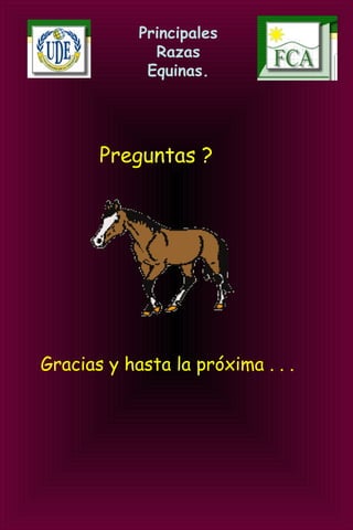 Principales
Razas
Equinas.
Preguntas ?
Gracias y hasta la próxima . . .
 