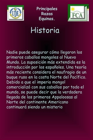 Principales
Razas
Equinas.
Historia
Nadie puede asegurar cómo llegaron los
primeros caballos mongoles al Nuevo
Mundo. La suposición más extendida es la
introducción por los españoles. Una teoría
más reciente considera el naufragio de un
buque ruso en la costa Norte del Pacífico.
Debido a que el imperio mongol
comercializó con sus caballos por todo el
mundo, se puede decir que la verdadera
llegada de los primeros Appaloosas al
Norte del continente Americano
continuará siendo un misterio
 