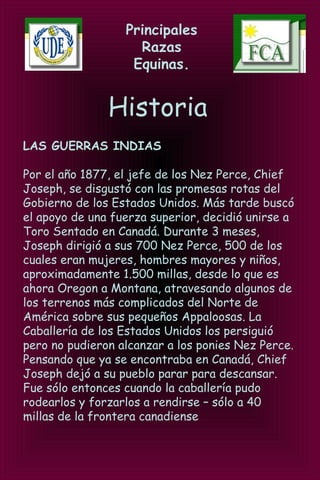 Principales
Razas
Equinas.
Historia
LAS GUERRAS INDIAS
Por el año 1877, el jefe de los Nez Perce, Chief
Joseph, se disgustó con las promesas rotas del
Gobierno de los Estados Unidos. Más tarde buscó
el apoyo de una fuerza superior, decidió unirse a
Toro Sentado en Canadá. Durante 3 meses,
Joseph dirigió a sus 700 Nez Perce, 500 de los
cuales eran mujeres, hombres mayores y niños,
aproximadamente 1.500 millas, desde lo que es
ahora Oregon a Montana, atravesando algunos de
los terrenos más complicados del Norte de
América sobre sus pequeños Appaloosas. La
Caballería de los Estados Unidos los persiguió
pero no pudieron alcanzar a los ponies Nez Perce.
Pensando que ya se encontraba en Canadá, Chief
Joseph dejó a su pueblo parar para descansar.
Fue sólo entonces cuando la caballería pudo
rodearlos y forzarlos a rendirse – sólo a 40
millas de la frontera canadiense
 