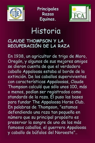 Principales
Razas
Equinas.
Historia
CLAUDE THOMPSON Y LA
RECUPERACIÓN DE LA RAZA
En 1938, un agricultor de trigo de Moro,
Oregón, y algunos de sus mejores amigos
se dieron cuenta de que el verdadero
caballo Appaloosa estaba al borde de la
extinción. De los caballos supervivientes
con características Appaloosas, Claude
Thompson calculó que sólo unos 100, más
o menos, podían ser registrados como
standards de la raza. Él puso las bases
para fundar The Appaloosa Horse Club.
En palabras de Thompson, "estamos
defendiendo una raza tan pequeña en
número que su principal propósito es
preservar la sangre de uno de los más
famosos caballos, el guerrero Appaloosa
y caballo de búfalos del Noroeste"..
 