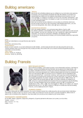 Bulldog americano
Historia:
Desciende de los Bulldog ingleses que se utilizaron en un principio como pastores
de ganado y perros guardianes alrededor del siglo XIII. Debido a la tendencia y
popularidad que había entre los ingleses a las peleas de perros entre sí o con
otros animales, lo utilizaron en peleas con toros, las conocidas “bull baiting”, que
en el año 1835 se prohibirían. Se empezó a cruzar con otros perros y de aquí salió
la raza de Bulldog inglés.
Estos perros serían los que emigraron con sus amos al continente americano.
De aquí surgió el que hoy en día conocemos como Bulldog americano, con una
estructura más grande, más veloz y más ágil que su antecesor.
Características generales:
Perro de tamaño mediano, con una buena musculatura, fuerte y ágil.
De cabeza cuadrada y unas mejillas anchas. Tiene un cuello ancho y corto con una
ligera papada. Sus ojos son redondos, de color castaño los cuales están bastante
separados. Las orejas son pequeñas y delgadas, de implantación alta.
La cola recta, siendo gruesa en la base y se irá estrechando conforme se aproxime
a la punta.
Color:
Puede ser todo blanco o con parches de color marrón.
Pelaje:
Corto listo y de textura fina.
Temperamento:
Posee un buen carácter, es un perro ideal para la vida familiar, tendrá especial atención a los más pequeños de la casa.
Tiende a llevarse bien con otros perros si ha crecido con ellos. Perro leal y fiel con un fuerte instinto de guardia ya que e s
reservado con los extraños.
Talla y peso:
Machos: 57-67 cm, 35-55 kg.
Hembras: 53-65 cm, 30-45 kg.
Bulldog Francés
BREVE RESUMEN HISTORICO :
Descendiente probable, como todos los dogos, de los Molosoides de Epire y del Imperio
Romano, pariente del Bulldog de Gran Bretaña, de los Alanos de la Edad Media, y de
los dogos y doguillos de Francia, el dogo que nosotros conocemos es el producto de
diferentes cruces que efectuaron los criadores apasionados de los barrios populares de
París en la década de 1880. En esa época era el compañero de los trabajadores del
mercado central de París - carniceros, cocheros - pero supo muy pronto conquistar la
alta sociedad y el mundo de los artistas por su físico particular y su carácter. Así pues,
se propagó rápidamente. El primer club de esta raza se fundó en 1880 en París. El
primer registro de inscripción data de 1885, y el primer estándar se estableció en
1898, año en el cual la Sociedad Central Canina francesa reconoció la raza del Bulldog
Francés. El primer Bulldog francés fue exhibido a partir de 1887. El estándar fue
modificado en 1931, 1932 y 1948. Fue reformulado en 1986 por H.F. Réant y R. Triquet
(publicación de la F.C.I. de 1987) y luego en 1994 por el Comité del Club del Bulldog
Francés, con la colaboración de R. Triquet.
APARIENCIA GENERAL :
Es el típico molosoide de tamaño pequeño. Es un perro robusto a pesar de su talla pequeña y de sus proporciones reducidas y
regordetas. Su pelo es raso y su cara es corta y chata. Las orejas son rectas y la cola es corta de nacimiento. Debe tener el
aspecto de un animal activo, despierto, muy musculado, de una estructura compacta y de huesos sólidos.
TEMPERAMENTO / COMPORTAMIENTO:
Es sociable, alegre, juguetón, deportivo y despierto. Es particularmente afectuoso con su amo y con los niños.
Tamaño: mediano
Peso: Alrededor de 11 Kg
Origen: France
 