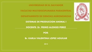 UNIVERSIDAD DE EL SALVADOR
FACULTAD MULTIDISCIPLINARIA PARACENTRAL
DEPARTAMENTO DE CIENCIAS AGRONOMICAS
SISTEMAS DE PRODUCCION ANIMAL I
DOCENTE: Dr. PEDRO ALONSO PEREZ
POR:
Br. KARLA VALENTINA LOPEZ AGUILAR
2015
 