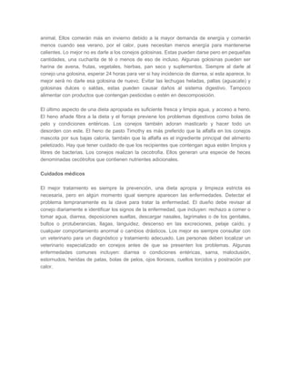 animal. Ellos comerán más en invierno debido a la mayor demanda de energía y comerán
menos cuando sea verano, por el calor, pues necesitan menos energía para mantenerse
calientes. Lo mejor no es darle a los conejos golosinas. Estas pueden darse pero en pequeñas
cantidades, una cucharita de té o menos de eso de incluso. Algunas golosinas pueden ser
harina de avena, frutas, vegetales, hierbas, pan seco y suplementos. Siempre al darle al
conejo una golosina, esperar 24 horas para ver si hay incidencia de diarrea, si esta aparece, lo
mejor será no darle esa golosina de nuevo. Evitar las lechugas heladas, paltas (aguacate) y
golosinas dulces o saldas, estas pueden causar daños al sistema digestivo. Tampoco
alimentar con productos que contengan pesticidas o estén en descomposición.
El último aspecto de una dieta apropiada es suficiente fresca y limpia agua, y acceso a heno.
El heno añade fibra a la dieta y el forraje previene los problemas digestivos como bolas de
pelo y condiciones entéricas. Los conejos también adoran masticarlo y hacer todo un
desorden con este. El heno de pasto Timothy es más preferido que la alfalfa en los conejos
mascota por sus bajas caloría, también que la alfalfa es el ingrediente principal del alimento
peletizado. Hay que tener cuidado de que los recipientes que contengan agua estén limpios y
libres de bacterias. Los conejos realizan la cecotrofia. Ellos generan una especie de heces
denominadas cecótrofos que contienen nutrientes adicionales.
Cuidados médicos
El mejor tratamiento es siempre la prevención, una dieta apropia y limpieza estricta es
necesaria, pero en algún momento igual siempre aparecen las enfermedades. Detectar el
problema tempranamente es la clave para tratar la enfermedad. El dueño debe revisar al
conejo diariamente e identificar los signos de la enfermedad, que incluyen: rechazo a comer o
tomar agua, diarrea, deposiciones sueltas, descargar nasales, lagrimales o de los genitales,
bultos o protuberancias, llagas, languidez, descenso en las excreciones, pelaje caído, y
cualquier comportamiento anormal o cambios drásticos. Los mejor es siempre consultar con
un veterinario para un diagnóstico y tratamiento adecuado. Las personas deben localizar un
veterinario especializado en conejos antes de que se presenten los problemas. Algunas
enfermedades comunes incluyen: diarrea o condiciones entéricas, sarna, maloclusión,
estornudos, heridas de patas, bolas de pelos, ojos llorosos, cuellos torcidos y postración por
calor.
 
