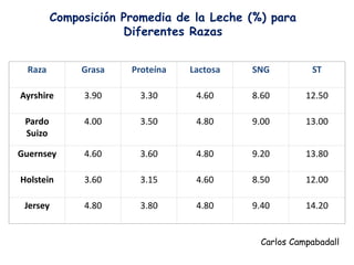 Raza Grasa Proteína Lactosa SNG ST
Ayrshire 3.90 3.30 4.60 8.60 12.50
Pardo
Suizo
4.00 3.50 4.80 9.00 13.00
Guernsey 4.60 3.60 4.80 9.20 13.80
Holstein 3.60 3.15 4.60 8.50 12.00
Jersey 4.80 3.80 4.80 9.40 14.20
Composición Promedia de la Leche (%) para
Diferentes Razas
Carlos Campabadall
 