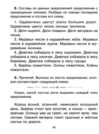 8. Составь из данных предложений предложения с
однородными членами. Разбери по членам последнее
предложение и составь его схему.
1. Одуванчики цветут около больших дорог.
Одуванчики цветут около лесных тропинок.
2. Дети ныряли. Дети плавали. Дети загорали на
песке.
3. Муравьи несли в муравейник хвою. Муравьи
несли в муравейник жуков. Муравьи несли в му­
равейник личинки.
4. Девочка собирала в лесу сыроежки. Девочка
собирала в лесу лисички. Девочка собирала в лесу
боровики. Девочка собирала в лесу грузди.
5. Берёзы пожелтели. Осины пожелтели. Клёны
пожелтели.
9. Прочитай. Выпиши из текста предложение, кото­
рое соответствуетследующей схеме:
~ - - = ~ и ~ ---- _._.-.
Укажи, какой частью речи выражен каждый член
предложения.
Хорош ясный, осенний, немножко холодный
день. Берёза стоит вся золотая, а осина - ярко­
красная. Солнце уже не греет, но светит ярче, чем
летнее. Свежий ветерок гонит красные и жёлтые
листья по дороге.
16

 