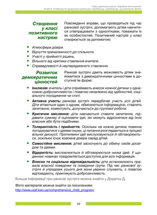 10
Нова українська школа. Порадник для вчителя.
Розділ 4. Особливості організації освітнього середовища: середовище, що належить дітям.
Створення
у класі
позитивного
настрою
Повсякденні вправи, що проводяться під час
ранкової зустрічі, допомагають дітям навчити-
ся співпрацювати з однолітками, поважати їх
як особистостей. Позитивний настрій у класі
створюється за допомогою:
•	 Атмосфери довіри.
•	 Відчуття приналежності до спільноти.
•	 Участі у прийнятті рішень.
•	 Вільного від критики ставлення вчителя.
•	 Справедливості й неупередженого ставлення.
Розвиток
демократичних
цінностей
Ранкові зустрічі дають можливість дітям зна-
йомитися з демократичними цінностями в до-
ступній їм формі:
•	 Інклюзія: вчитель і діти сприймають внесок кожної дитини з одна-
ковою доброзичливістю і повагою незалежно від здібностей, соці-
ального походження чи статі.
•	 Активна участь: ранкова зустріч передбачає участь усіх дітей.
Діти вітаються один з одним, обмінюються інформацією, ставлять
запитання, коментують, долучаються до групової роботи.
•	 Критичне мислення: діти навчаються ставити запитання, під-
давати сумніву й оцінювати ідеї, які можуть відрізнятися від їхніх
власних або бути подібними.
•	 Толерантність і прийняття. Оскільки не кожна дитина повинна
погоджуватися з ідеями інших, ці питання розглядаються в процесі
вільної дискусії. Протилежні ідеї вислуховуються й обговорюють-
ся, оскільки існує взаємна довіра серед дітей.
•	 Самостійне мислення: дітей заохочують до обміну своїм досві-
дом та ідеями.
•	 Відкритість: висловлюється й обговорюється низка ідей. У що-
денних новинах повідомляється доступна для всіх інформація.
•	 Власна та соціальна відповідальність: діти встановлюють пра-
вила власної поведінки та поведінки групи. Під час ранкової зу-
стрічі й упродовж усього дня вони уважно слухають, з повагою
відповідають, практикують доброзичливість.
Більше інформації про ранкові зустрічі можна знайти у Додатку Д.
Фото матеріалів можна знайти за посиланням:
http://www.ussf.kiev.ua/comprehensive_child_program/
 