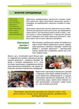 11
Нова українська школа. Порадник для вчителя.
Розділ 4. Особливості організації освітнього середовища: середовище, що належить дітям.
ФІЗИЧНЕ СЕРЕДОВИЩЕ
забезпечення
дослідницької
діяльності дітей,
формування
самостійності,
організація роботи
дітей в парах, у
малих групах, а
також індивідуально
Ефективна індивідуалізація навчального процесу може
бути досягнута через організацію навчальних центрів /
осередків, які відображають навчальні потреби й інтере-
си дітей.
Організація навчальних центрів здійснюється для забез-
печення дослідницької діяльності дітей, для формування
самостійності, для організації роботи дітей в парах, у ма-
лих групах, а також індивідуально. У навчальних центрах
можна проводити різні види навчальної діяльності, тому
вони мають містити різні навчальні матеріали.
Навчальні
центри /
осередки
Ми очікуємо, що більшість дітей, які прийшли у
перші класи Нової української школи, відвіду-
вали дошкільні навчальні заклади і звикли до
роботи у центрах діяльності – мистецькому
центрі, центрі гри з кубиками, центрі гри з піс-
ком і водою тощо.
Звісно, що у початковій школі більше ува-
ги приділяється власне навчально-дослід-
ницькій діяльності – розвитку базових на-
вичок з читання, математики та ін., утім,
логічним і доцільним є продовження органі-
зації навчальних матеріалів у так званих на-
вчальних центрах (навчальних осередках).
Відмінним в організації навчальних центрів
у першому класі буде необов’язковість їх-
нього фізичного розмежування, а, радше,
організація навчальних матеріалів, які, як і
в дитячому садку, мають бути певним чи-
ном організовані, позначені і саме голов-
не – доступними для дітей.
Важливими навчальними центрами для першого класу є такі:
центр читання і письма, центр природознавства, математичний і
мистецький центри.
 