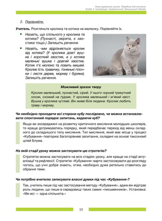 13
Нова українська школа. Порадник для вчителя.
Розділ 5. Інтеграція: тематичний і діяльнісний підходи.
2.	 Порівняйте.
Учитель. Розгляньте кролика та котика на малюнку. Порівняйте їх.
•	 Назвіть, що спільного у кролика та
котика? (Пухнасті, звірята, є хво-
стики тощо.) Запишіть речення.
•	 Назвіть, чим відрізняється кролик
від котика? (У кролика довгі вуш-
ка і короткий хвостик, а у котика
маленькі вушка і довгий хвостик.	
Котик п’є молоко та ловить мишей.
Кролик їсть травичку, тоненькі гілоч-
ки і листя дерев, моркву і буряки).
Запишіть речення.
Можливий зразок твору
Кролик маленький, пухнастий, сірий. У нього чорний трикутний
носик, схожий на ґудзик. У кролика маленький і м’який хвіст.
Вушка у кролика чутливі. Він живе біля людини. Кролик любить
траву і моркву.
Чи необхідно проходити всі сторони кубу послідовно, чи можна встановлю-
вати спонтанний порядок запитань, кидаючи куб?
Якщо ви зосереджені на розвитку критичного мислення молодших школярів,
то краще дотримуватись порядку, який передбачає перехід від менш склад-
ного до складнішого типу мислення. Тип мислення, який має місце у процесі
«Кубування» повторює багаторівневі запитання, складені на основі таксономії
цілей Блума.
На якій стадії уроку можна застосувати цю стратегію?
Стратегію можна застосувати на всіх стадіях уроку, але краще на стадії акту-
алізації та рефлексії. Стратегію «Кубування» варто застосовувати до розгляду
чогось, що учні добре знають, отже, необхідно дуже ретельно ставитись до
обрання теми.
Чи потрібно вчителю записувати власні думки під час «Кубування»?
Так, учитель пише під час застосування методу «Кубування», адже він відіграє
роль людини, що пише в середовищі таких самих «письменників». Установка:
«Ми всі — одна спільнота.»
 